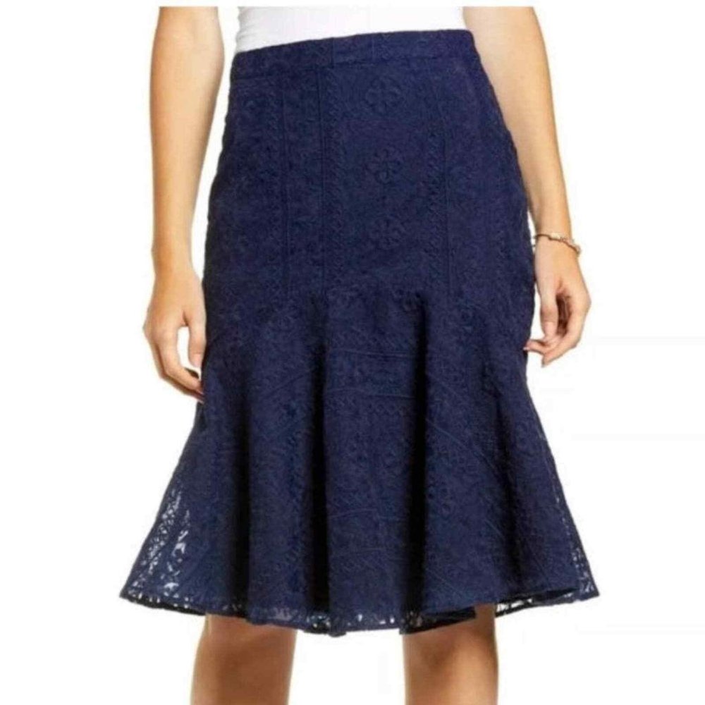 Rachel Parcell Navy Blue Flounce Hem Lace A Line Skirt | Women's L